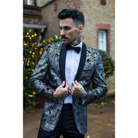 STZ64-65 - Moški žametni blazer s cvetličnim vzorcem in paisley vzorcem, srebrno-črn smoking suknjič