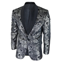 STZ64-65 - Moški žametni blazer s cvetličnim vzorcem in paisley vzorcem, srebrno-črn smoking suknjič