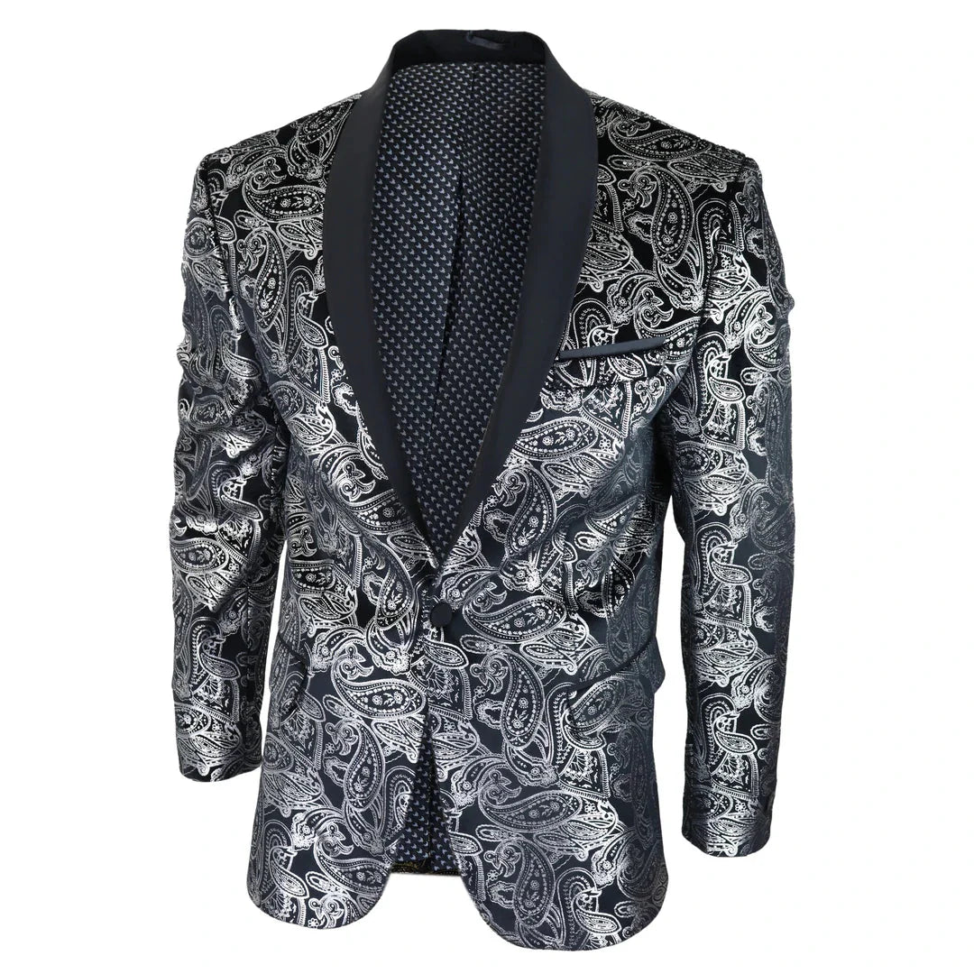 STZ64-65 - Moški žametni blazer s cvetličnim vzorcem in paisley vzorcem, srebrno-črn smoking suknjič