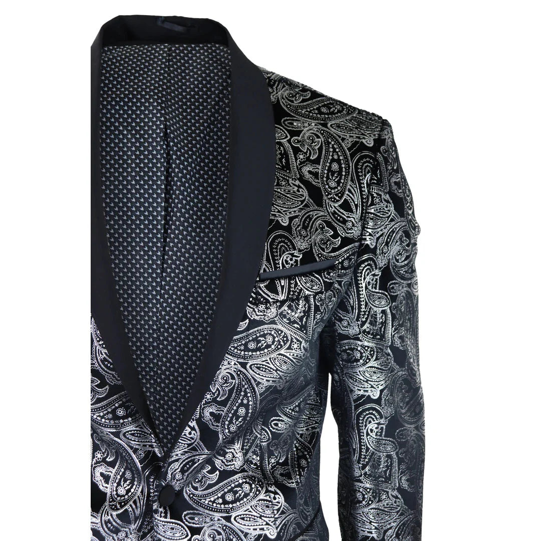 STZ64-65 - Moški žametni blazer s cvetličnim vzorcem in paisley vzorcem, srebrno-črn smoking suknjič