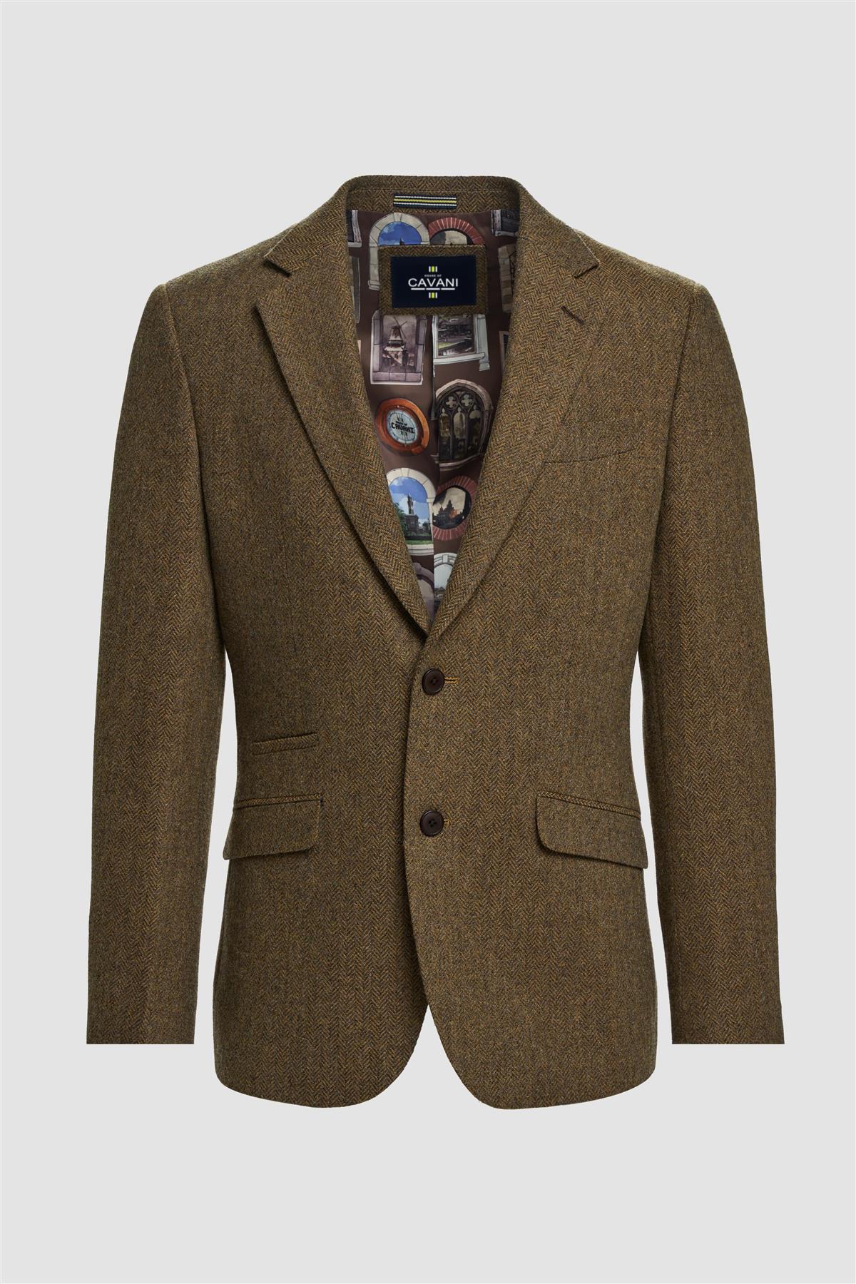 Thomas - Moški rjav klasični tvid blazer z vzorcem ribje kosti