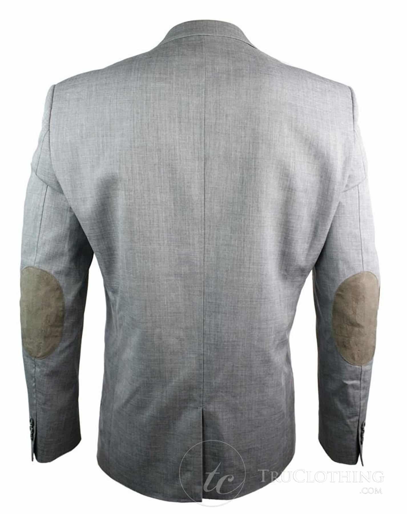 Moški krojeni blazer suknjič sivo moder z obrobo in žepi, rjavim našitkom na komolcu