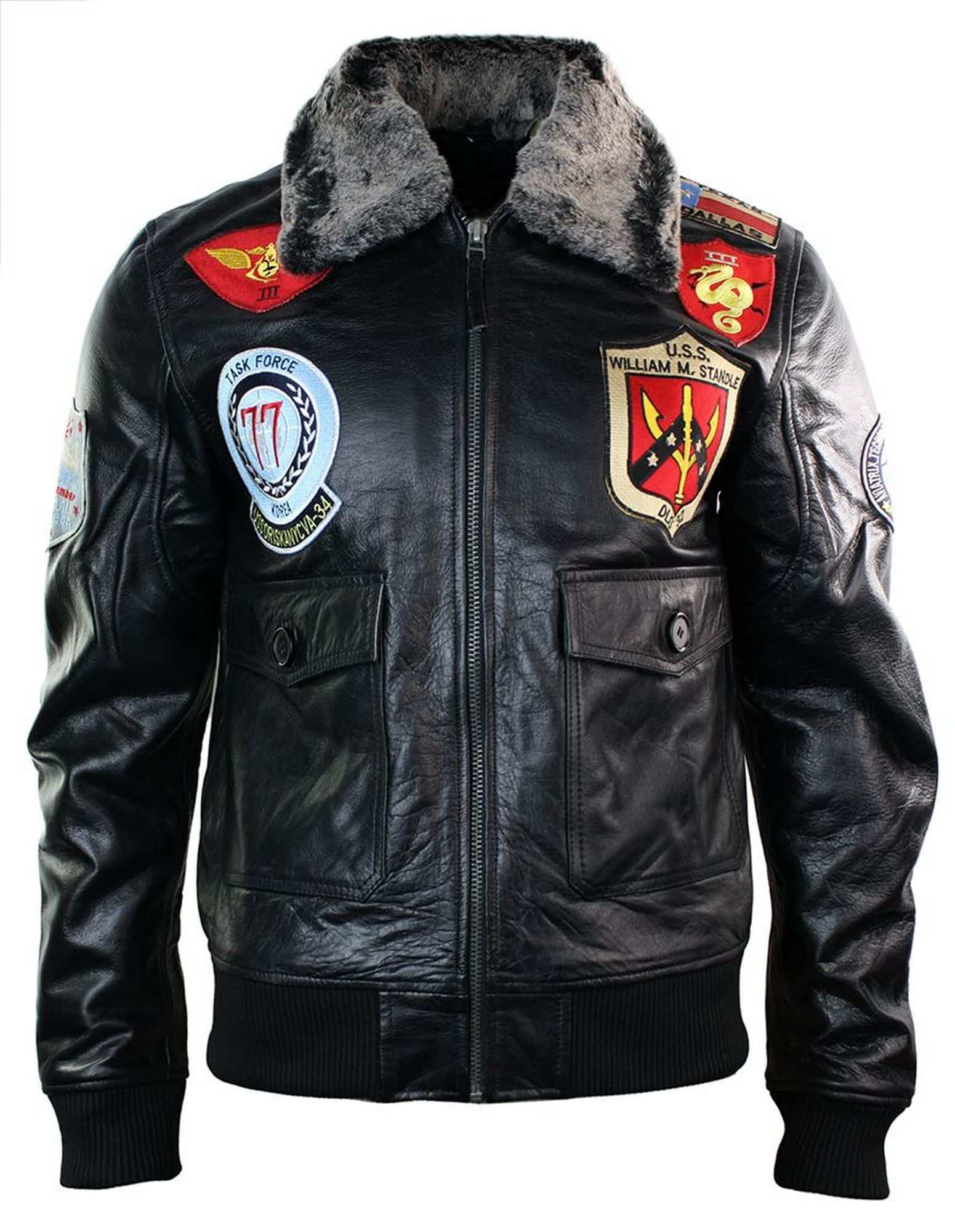 Moška jakna iz pravega usnja, pilotska bomber jakna ameriških letalskih sil, črna s krznenim ovratnikom - črna