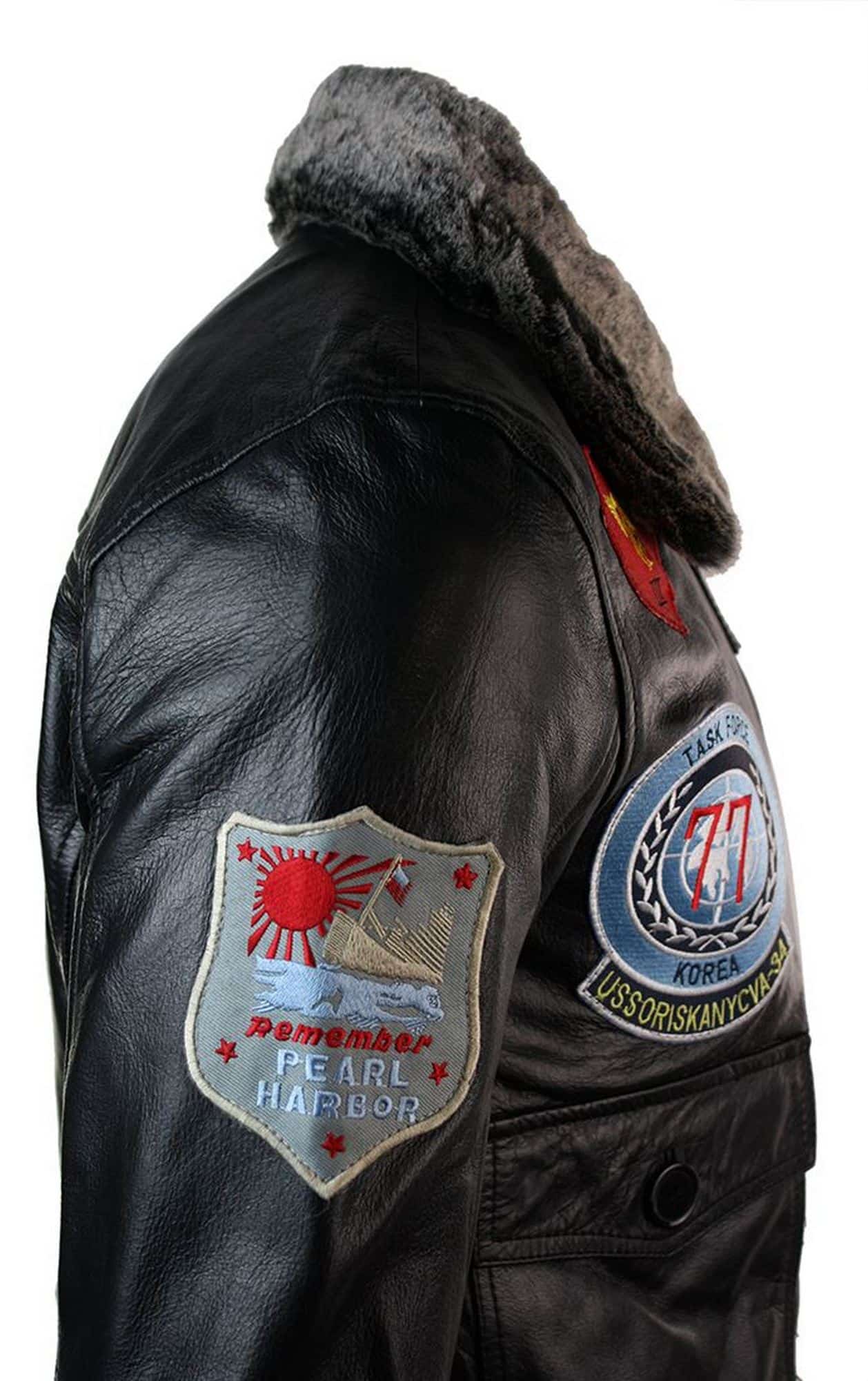 Moška jakna iz pravega usnja, pilotska bomber jakna ameriških letalskih sil, črna s krznenim ovratnikom - črna