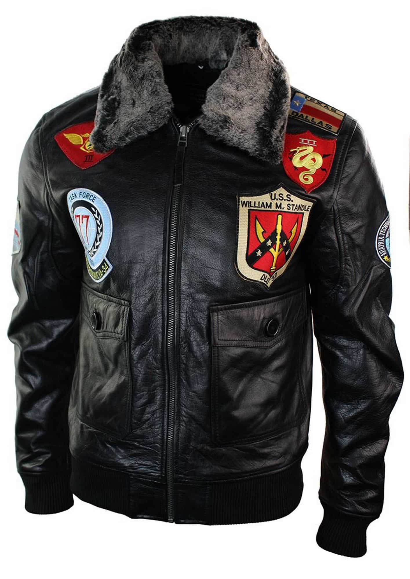 Moška jakna iz pravega usnja, pilotska bomber jakna ameriških letalskih sil, črna s krznenim ovratnikom - črna