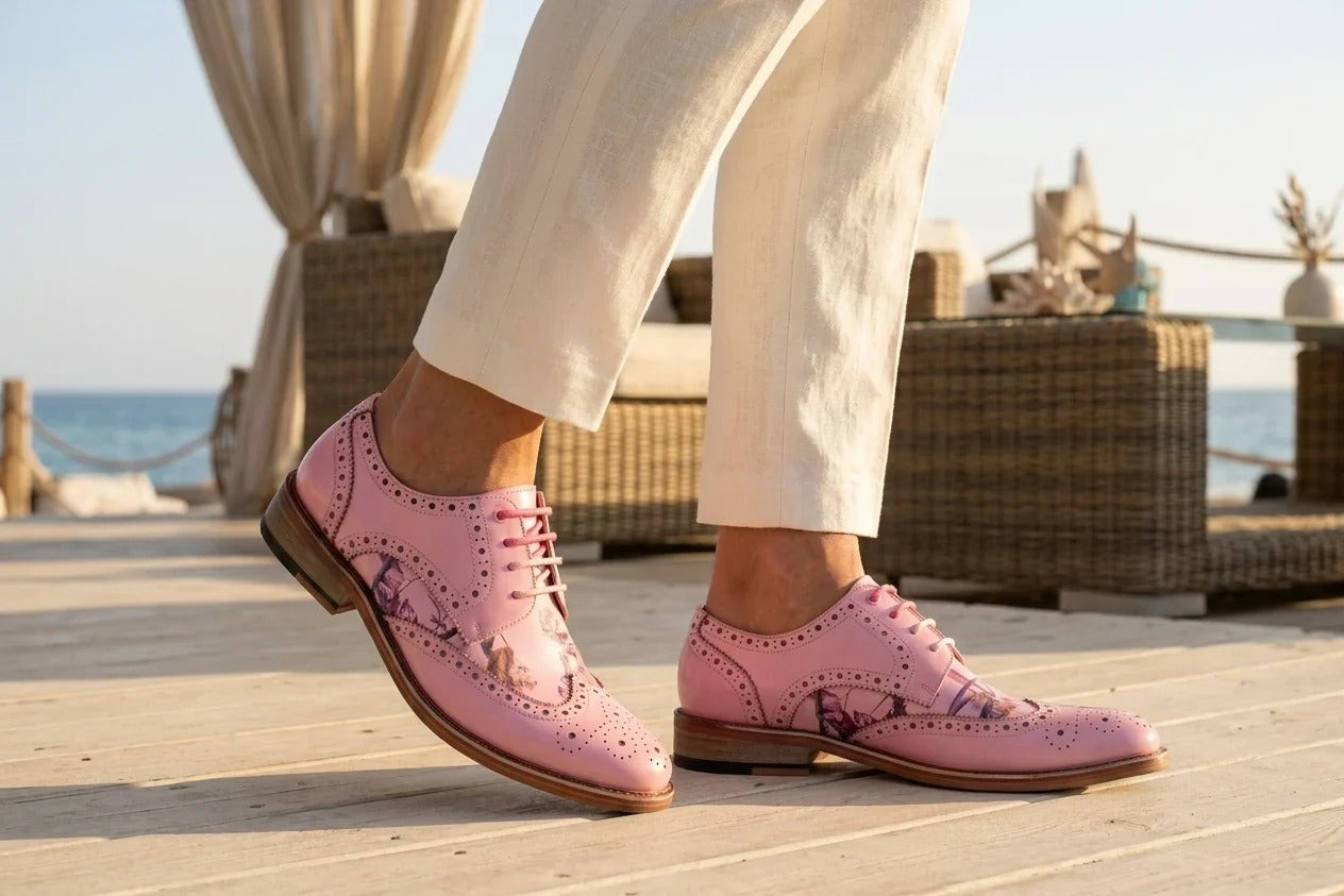 Wolf - moški roza cvetlični brogues s krilatimi konicami