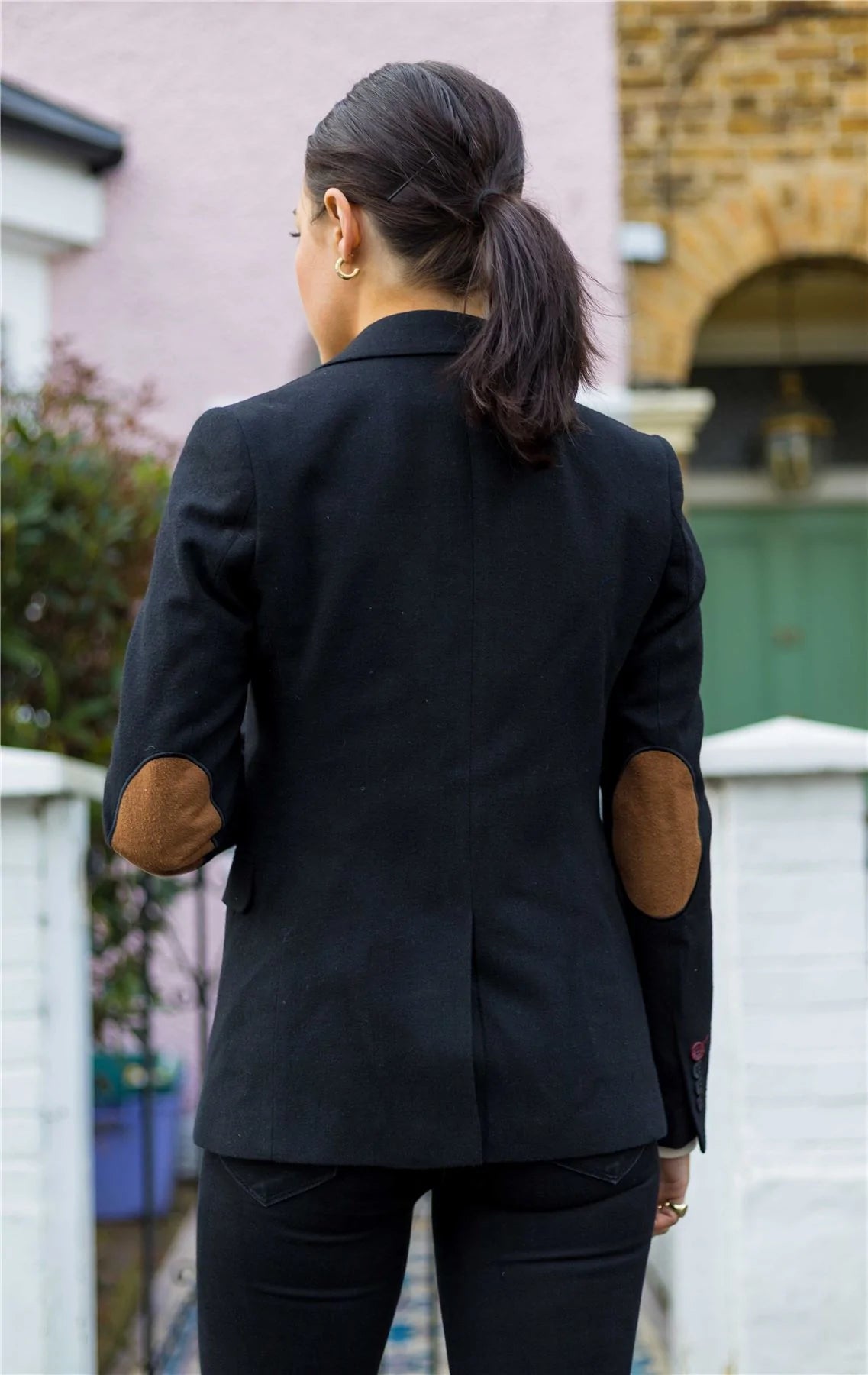Ženski blazer obleka iz volnenega tvida z našitki na komolcu iz 20. let prejšnjega stoletja, vintage klasična črna