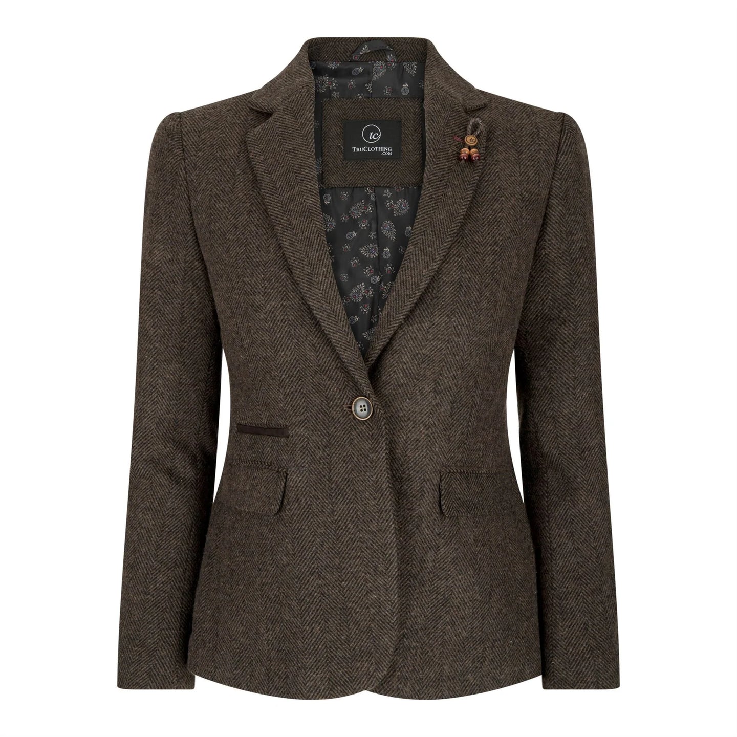 Ženski tvid blazer z vzorcem ribje kosti, rjav, vintage, krojen, klasičen, elegantni