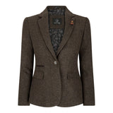 Ženski tvid blazer z vzorcem ribje kosti, rjav, vintage, krojen, klasičen, elegantni