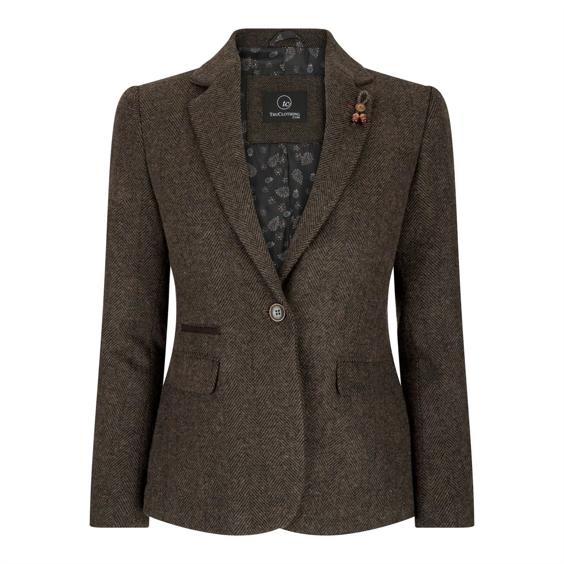 Ženski tvid blazer z vzorcem ribje kosti, rjav, vintage, krojen, klasičen, elegantni
