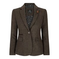 Ženski tvid blazer z vzorcem ribje kosti, rjav, vintage, krojen, klasičen, elegantni