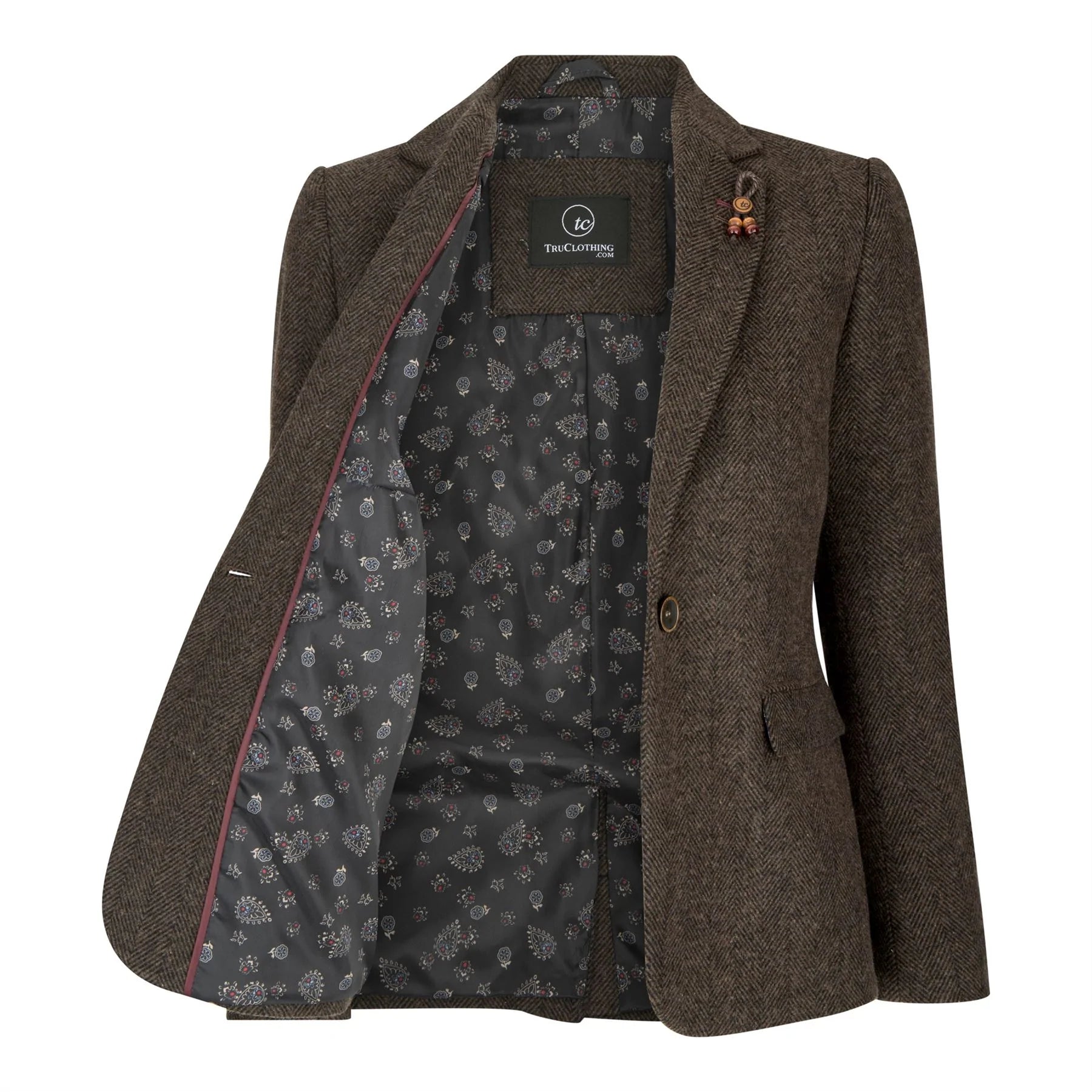 Ženski tvid blazer z vzorcem ribje kosti, rjav, vintage, krojen, klasičen, elegantni