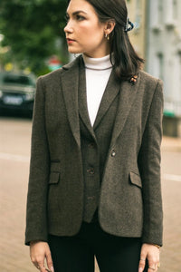Ženski tvid blazer z vzorcem ribje kosti, rjav, vintage, krojen, klasičen, elegantni