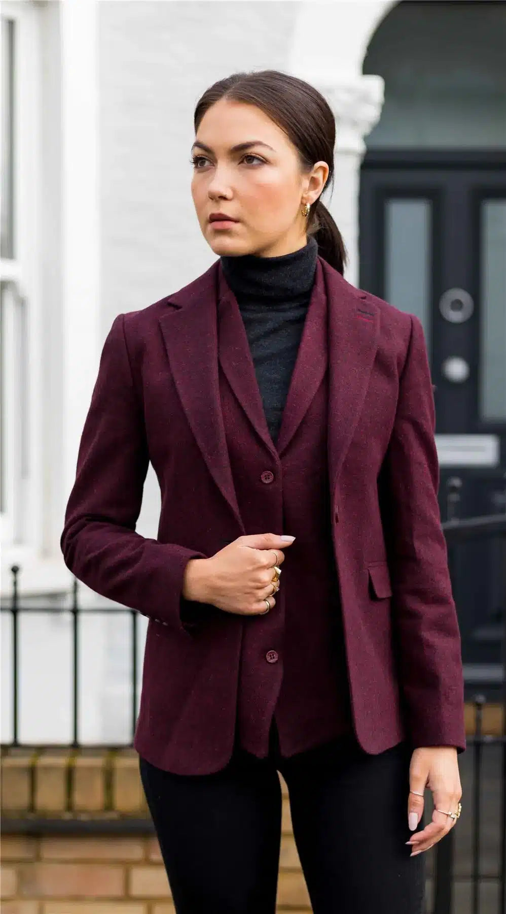 Ženski blazer obleka iz volnenega tvida z našitki na komolcu iz 20. let prejšnjega stoletja, vintage klasična bordo barva