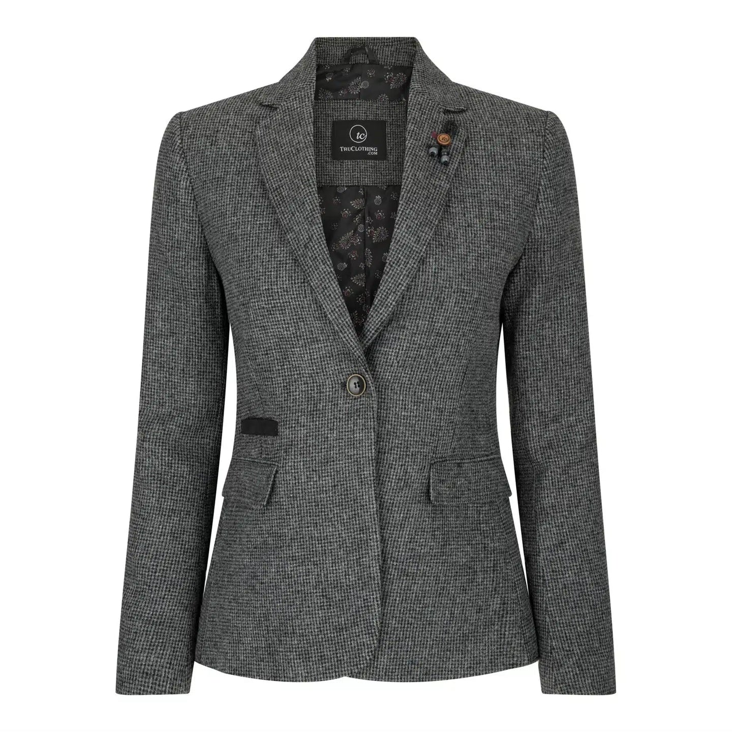 Ženski sivi tvid blazer z vzorcem ribje kosti, krojen kroj iz 20. let prejšnjega stoletja, vintage retro