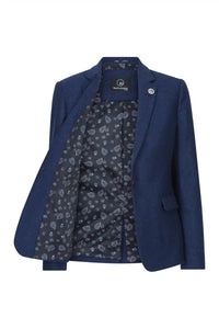 Ženski tvid blazer z vzorcem ribje kosti, temno moder, vintage, krojen, klasičen, eleganten