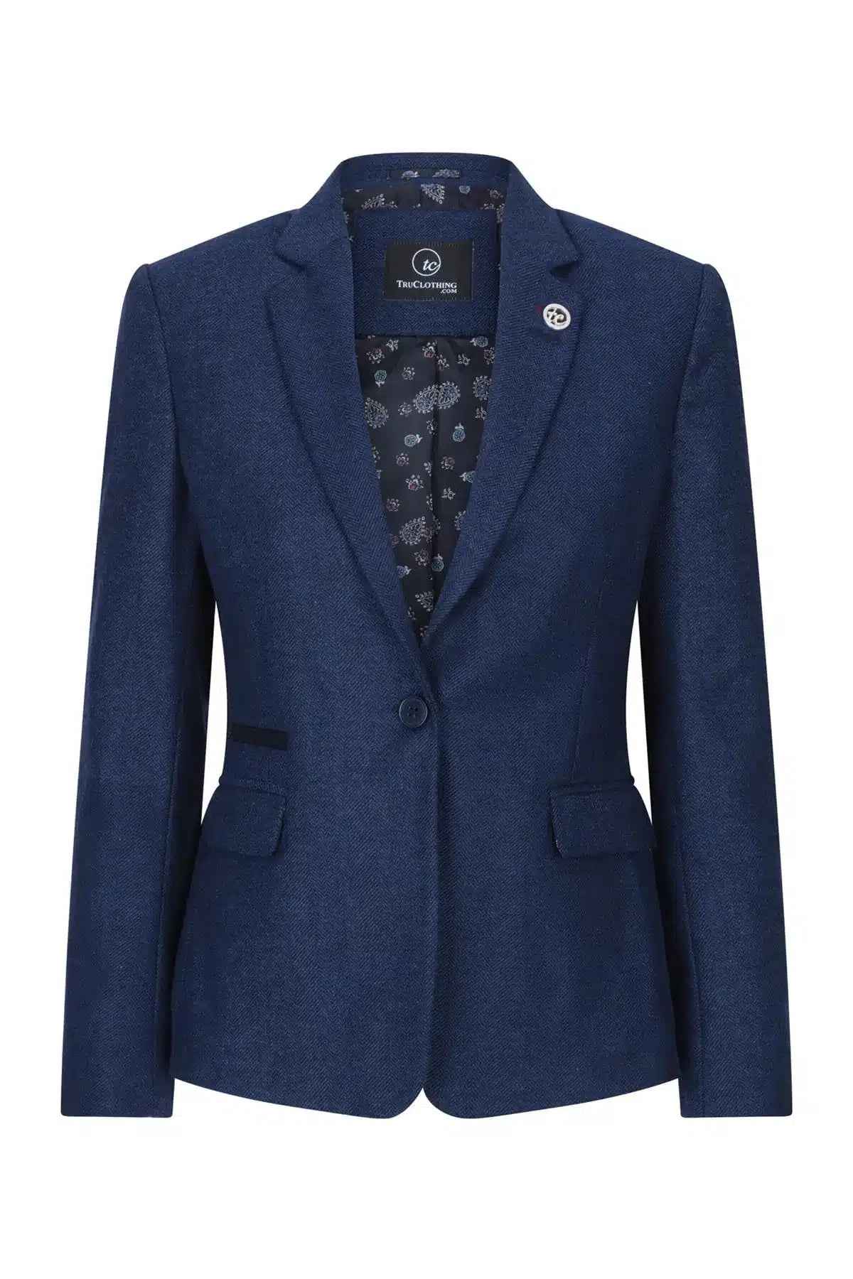 Ženski tvid blazer z vzorcem ribje kosti, temno moder, vintage, krojen, klasičen, eleganten