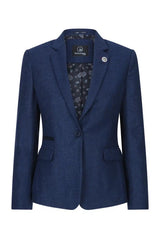 Ženski tvid blazer z vzorcem ribje kosti, temno moder, vintage, krojen, klasičen, eleganten