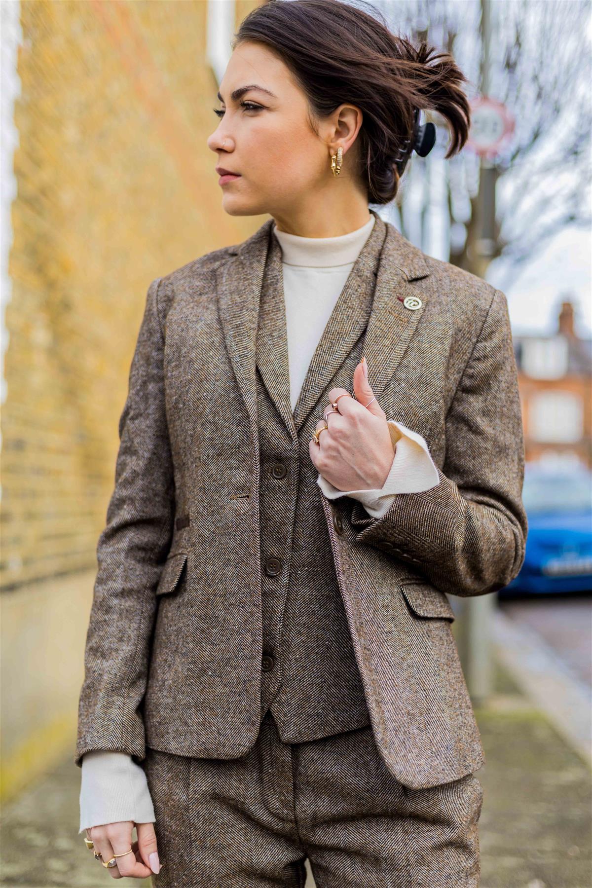 Ženski blazer, vintage blinderji iz 20. let prejšnjega stoletja, rjav, ribja kost, krojen kroj